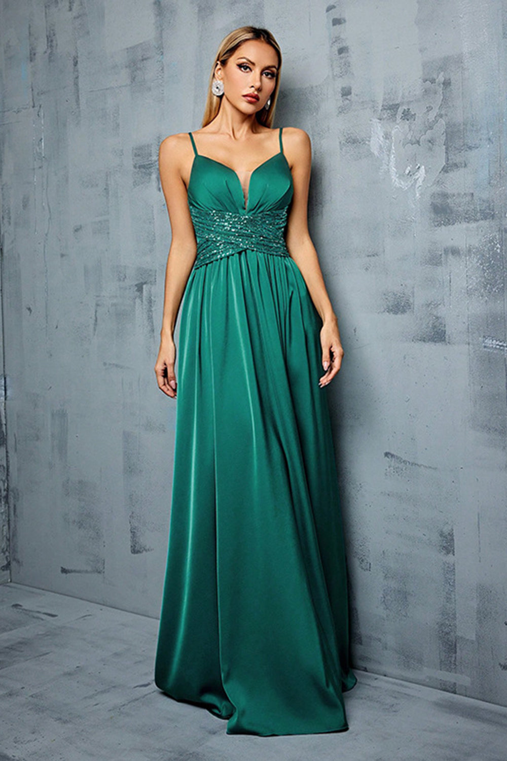 Dark Green Spaghetti Straps Pleated Satin Wedding Guest Dress with Slit