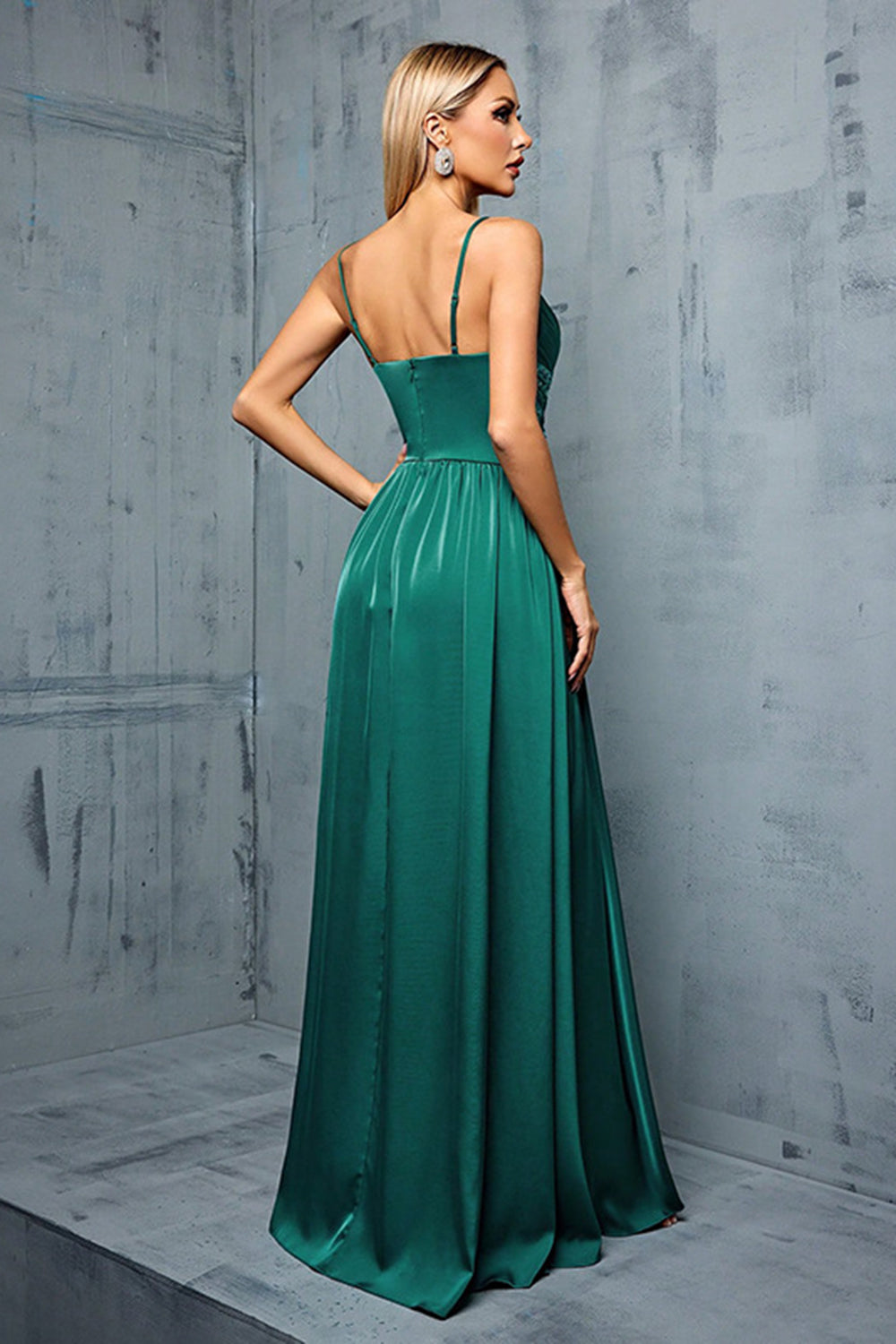 Dark Green Spaghetti Straps Pleated Satin Wedding Guest Dress with Slit