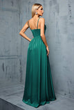 Dark Green Spaghetti Straps Pleated Satin Wedding Guest Dress with Slit