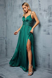 Dark Green Spaghetti Straps Pleated Satin Wedding Guest Dress with Slit
