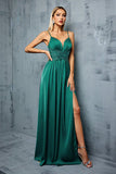 Dark Green Spaghetti Straps Pleated Satin Wedding Guest Dress with Slit