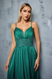 Dark Green Spaghetti Straps Pleated Satin Wedding Guest Dress with Slit