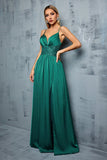 Dark Green Spaghetti Straps Pleated Satin Wedding Guest Dress with Slit