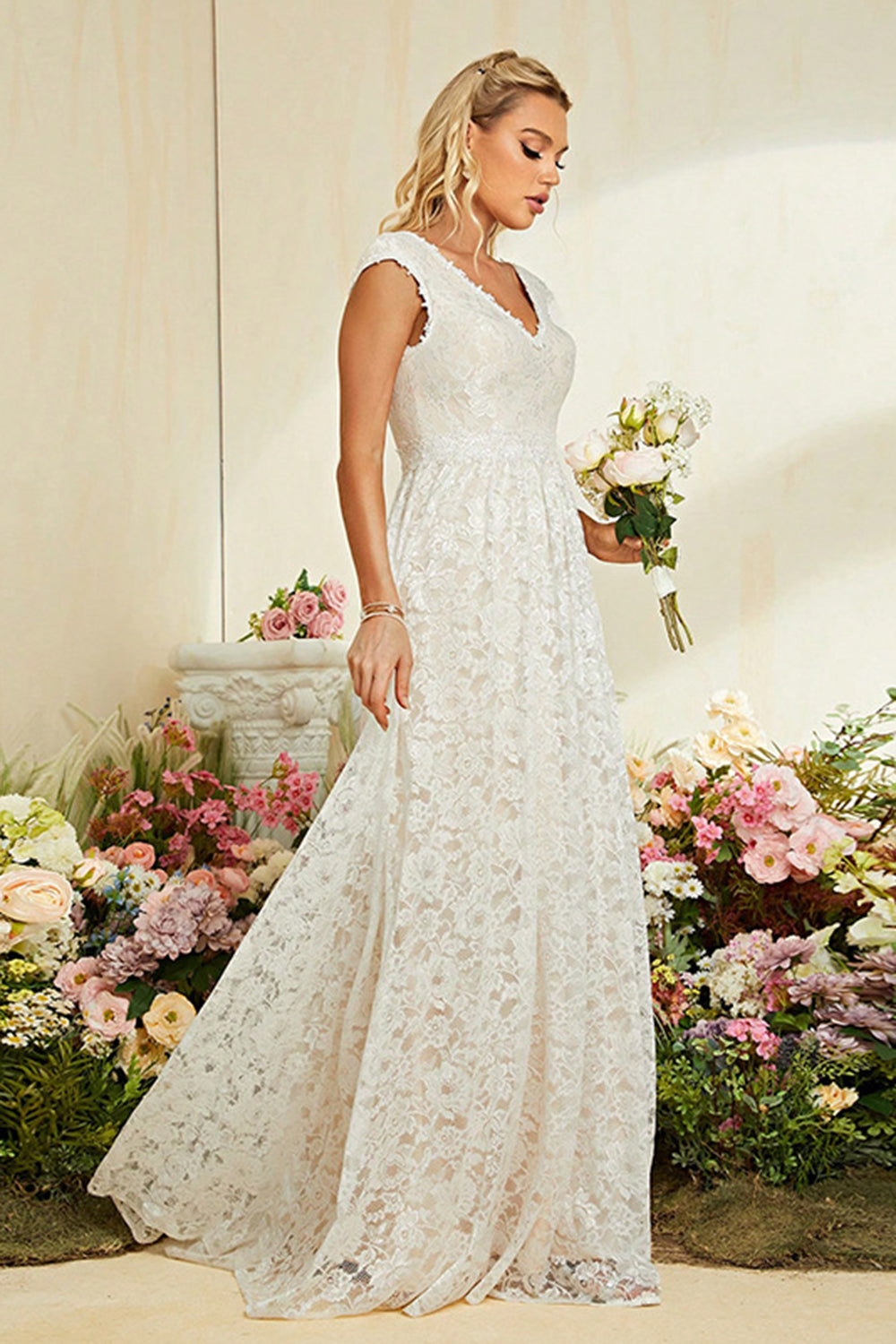 White V Neck A Line Lace Floor Length Wedding Dress