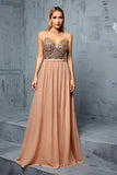 Blush Spaghetti Straps Sequins A Line Chiffon Wedding Guest Dress