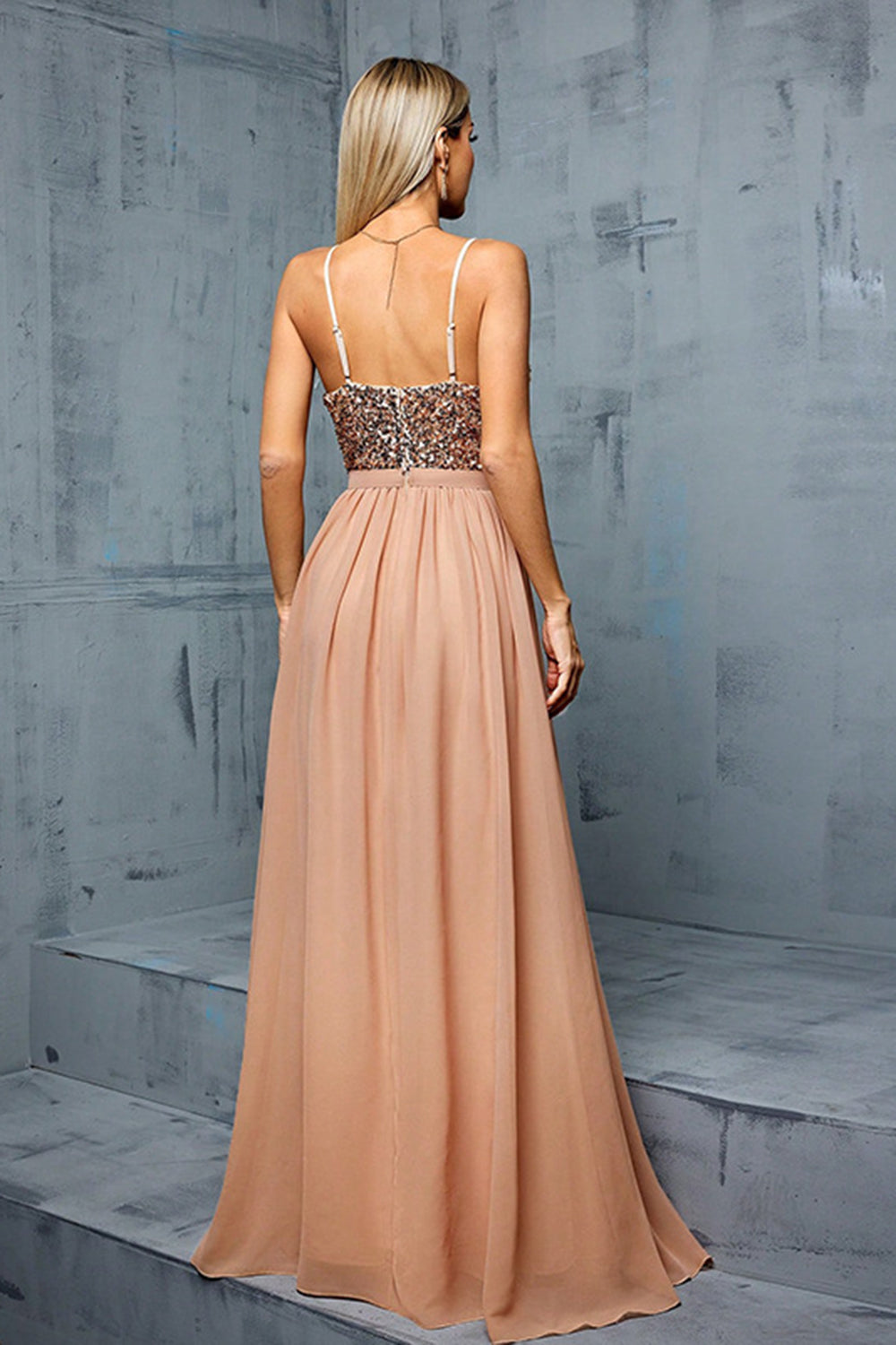 Blush Spaghetti Straps Sequins A Line Chiffon Wedding Guest Dress