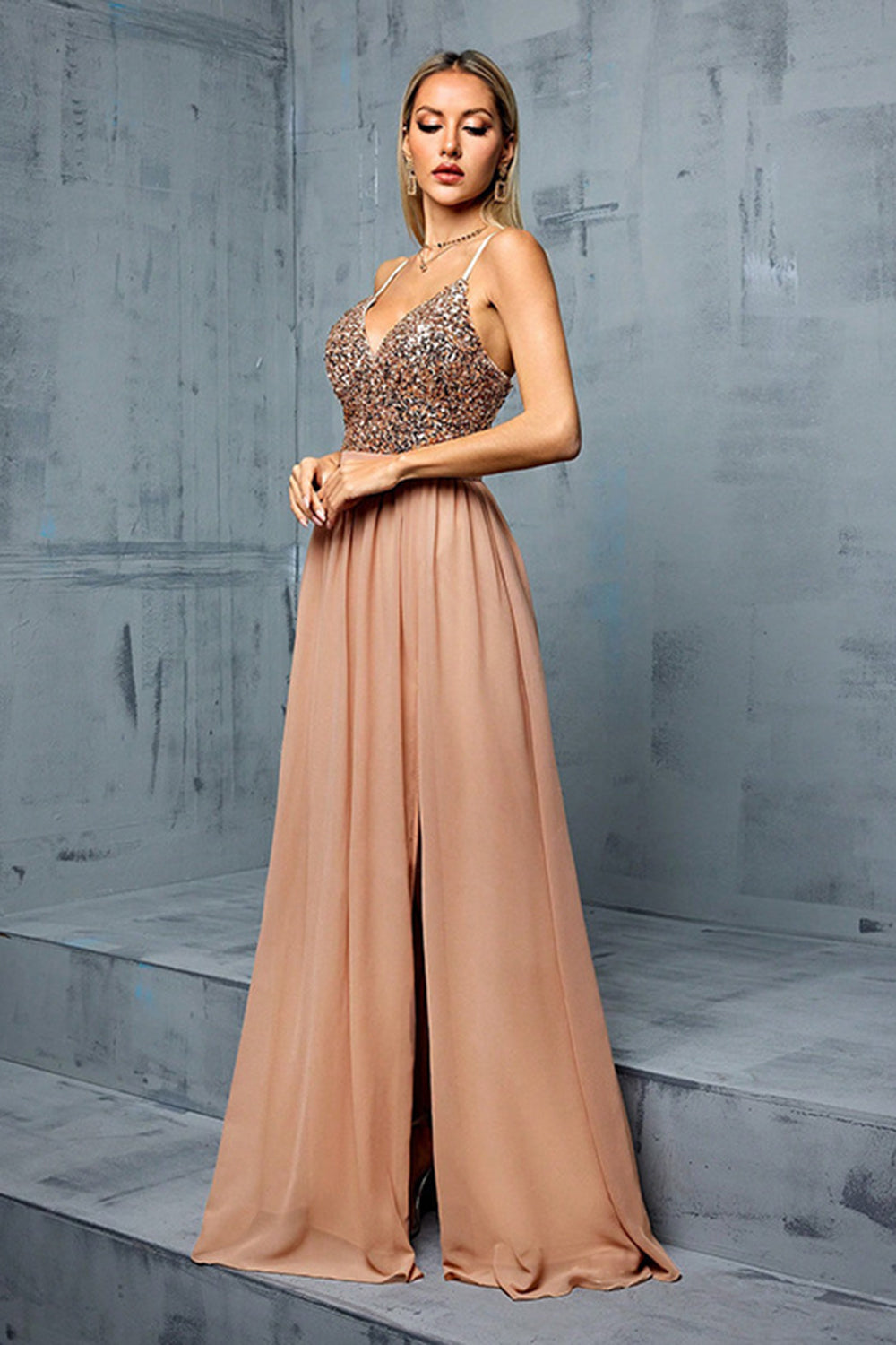 Blush Spaghetti Straps Sequins A Line Chiffon Wedding Guest Dress