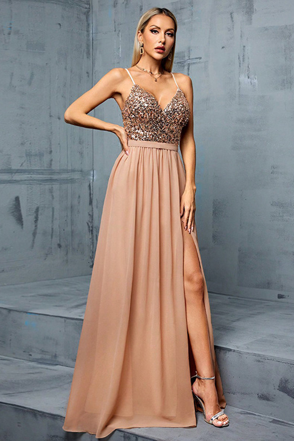 Blush Spaghetti Straps Sequins A Line Chiffon Wedding Guest Dress