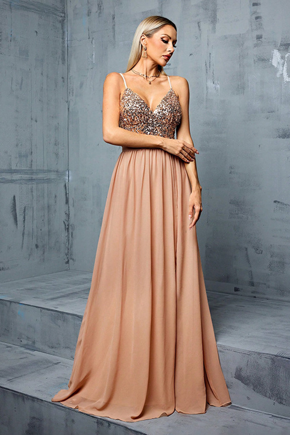 Blush Spaghetti Straps Sequins A Line Chiffon Wedding Guest Dress