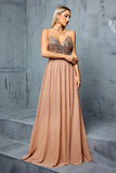Blush Spaghetti Straps Sequins A Line Chiffon Wedding Guest Dress
