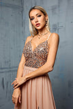 Blush Spaghetti Straps Sequins A Line Chiffon Wedding Guest Dress