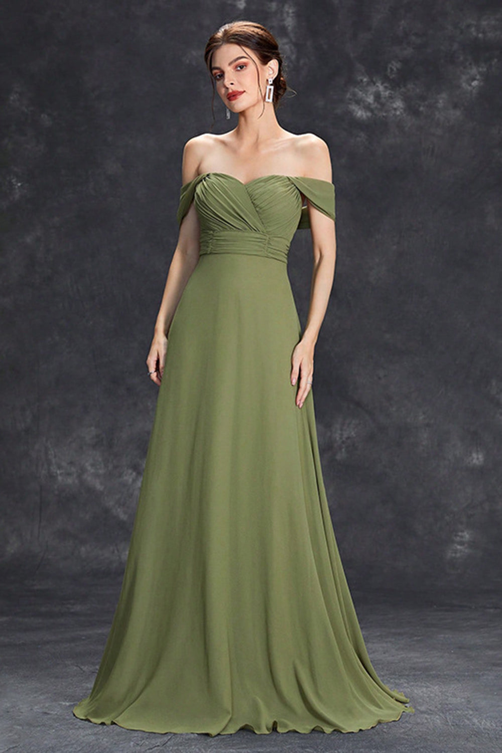 Elegant Army Green Pleated Chiffon A Line Long Wedding Guest Dress
