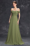 Elegant Army Green Pleated Chiffon A Line Long Wedding Guest Dress