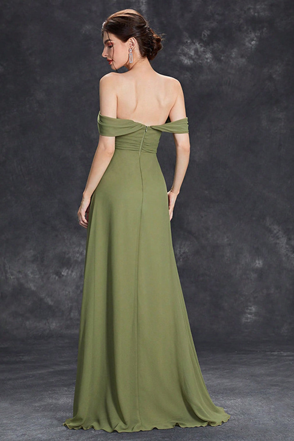 Elegant Army Green Pleated Chiffon A Line Long Wedding Guest Dress