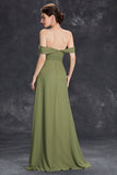 Elegant Army Green Pleated Chiffon A Line Long Wedding Guest Dress