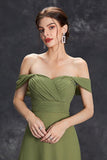 Elegant Army Green Pleated Chiffon A Line Long Wedding Guest Dress