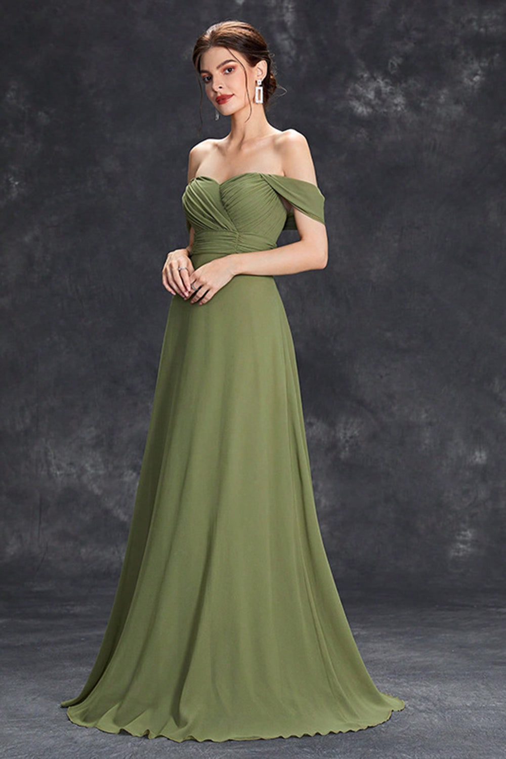 Elegant Army Green Pleated Chiffon A Line Long Wedding Guest Dress