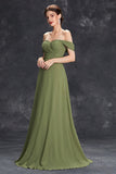 Elegant Army Green Pleated Chiffon A Line Long Wedding Guest Dress