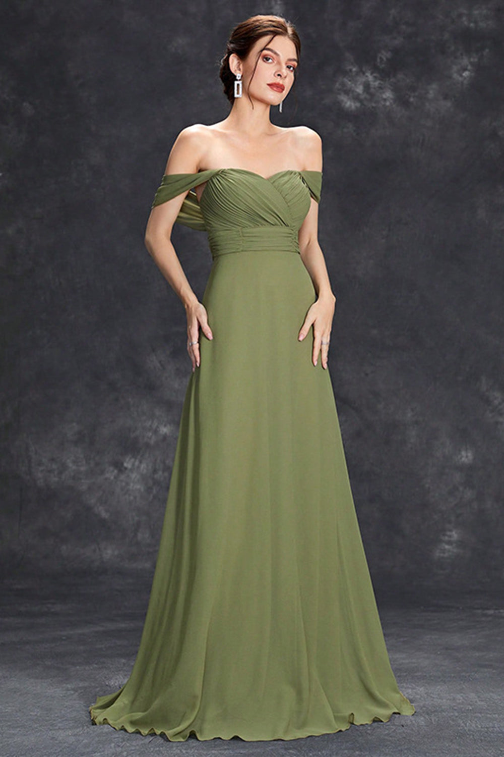 Elegant Army Green Pleated Chiffon A Line Long Wedding Guest Dress