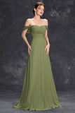 Elegant Army Green Pleated Chiffon A Line Long Wedding Guest Dress
