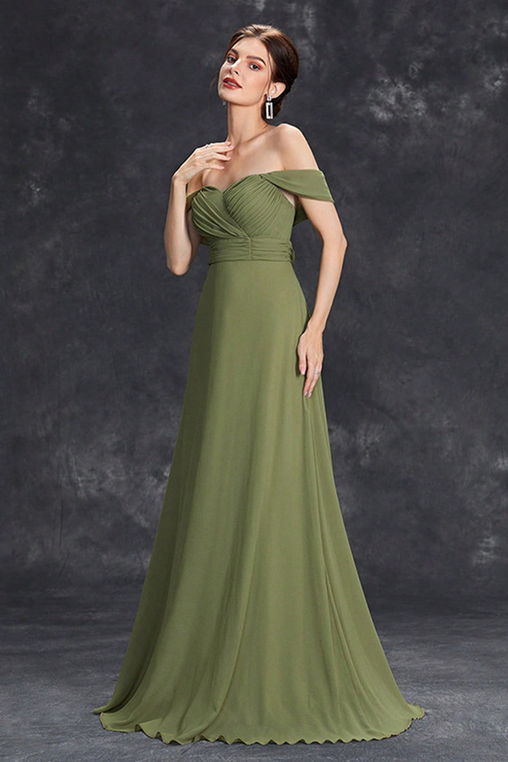 Elegant Army Green Pleated Chiffon A Line Long Wedding Guest Dress