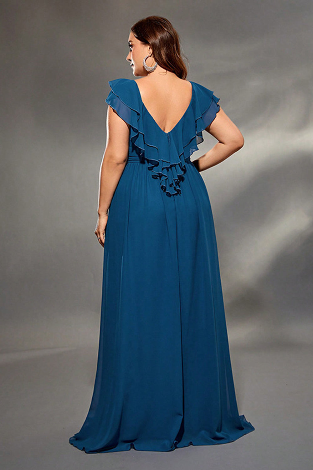 Ink Blue Chiffon Long Plus Size Mother Dress with Ruffles