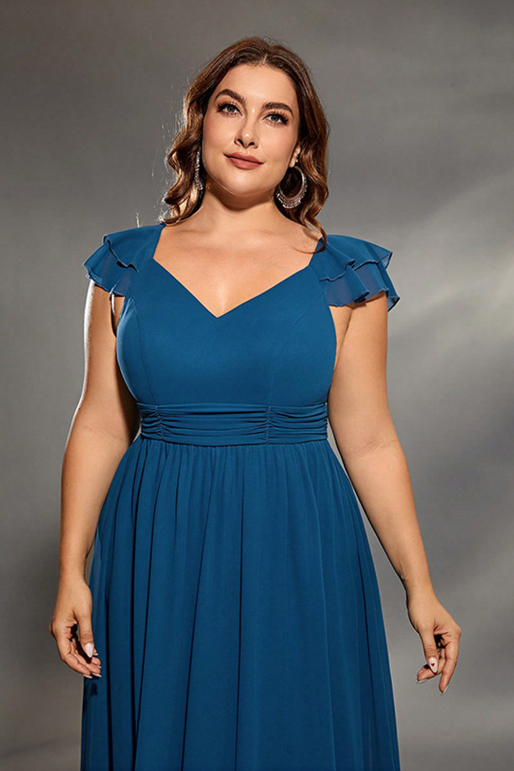 Ink Blue Chiffon Long Plus Size Mother Dress with Ruffles