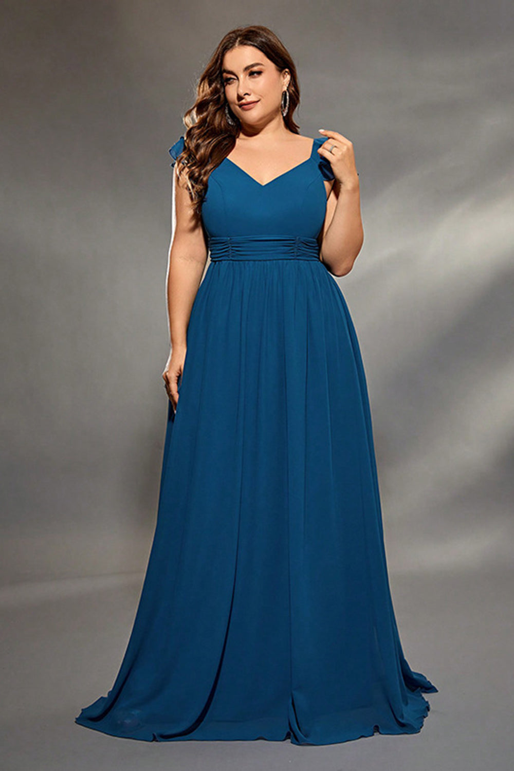 Ink Blue Chiffon Long Plus Size Mother Dress with Ruffles