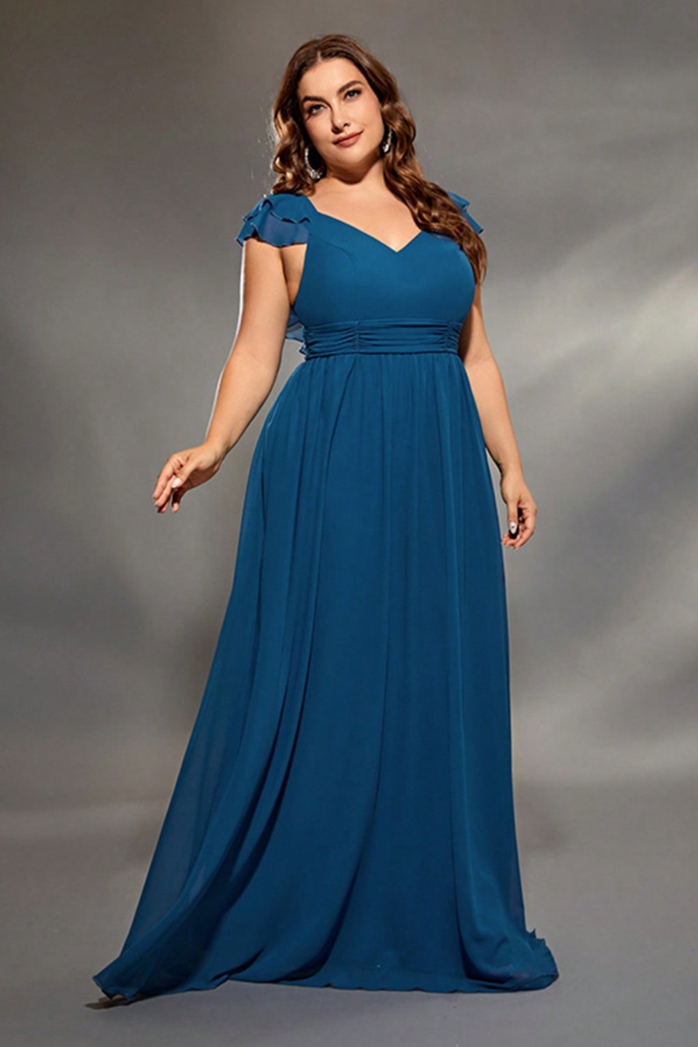 Ink Blue Chiffon Long Plus Size Mother Dress with Ruffles