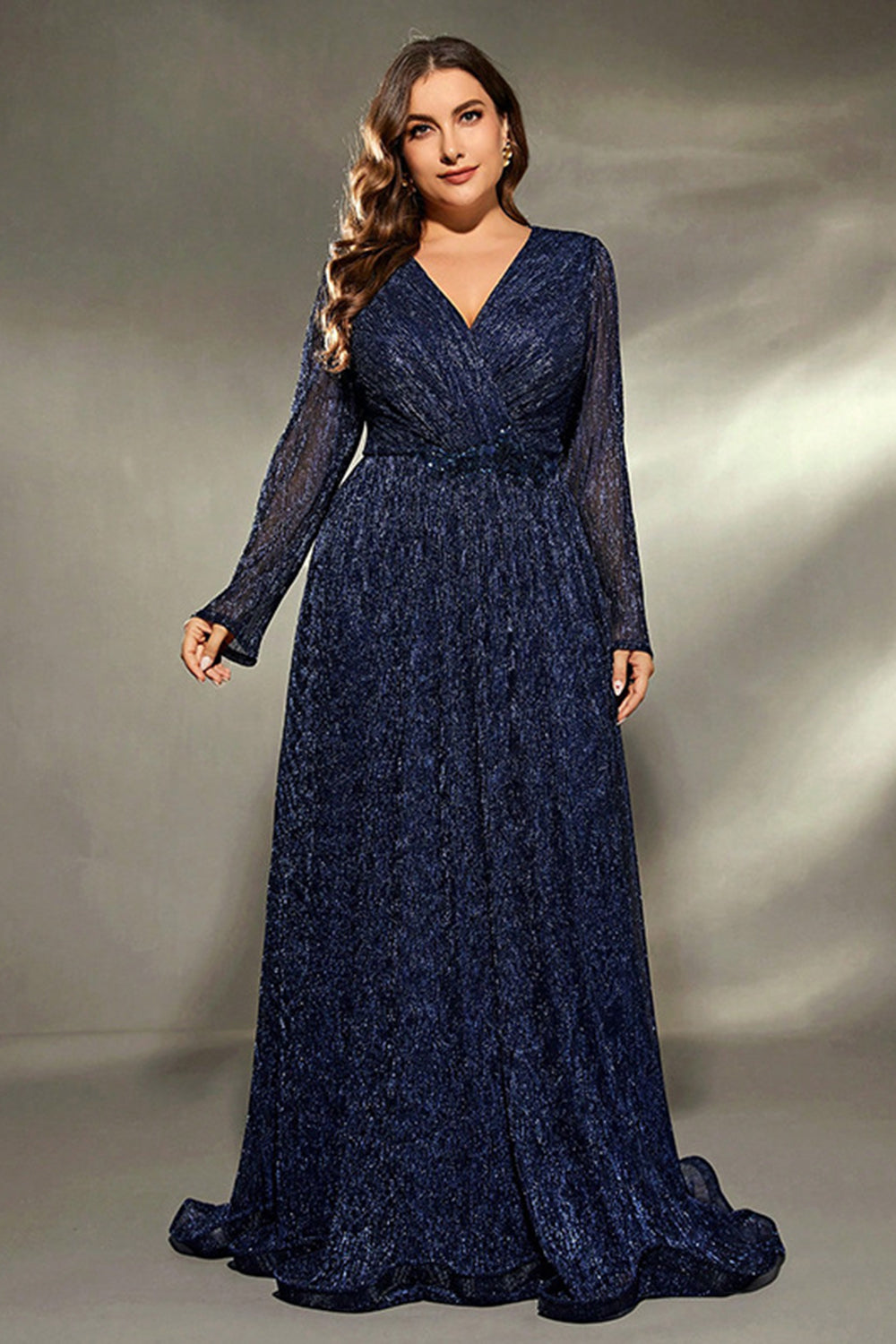 Navy Long Sleeves V Neck A Line Plus Size Wedding Guest Dress