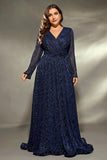 Navy Long Sleeves V Neck A Line Plus Size Wedding Guest Dress
