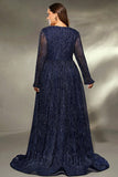 Navy Long Sleeves V Neck A Line Plus Size Wedding Guest Dress