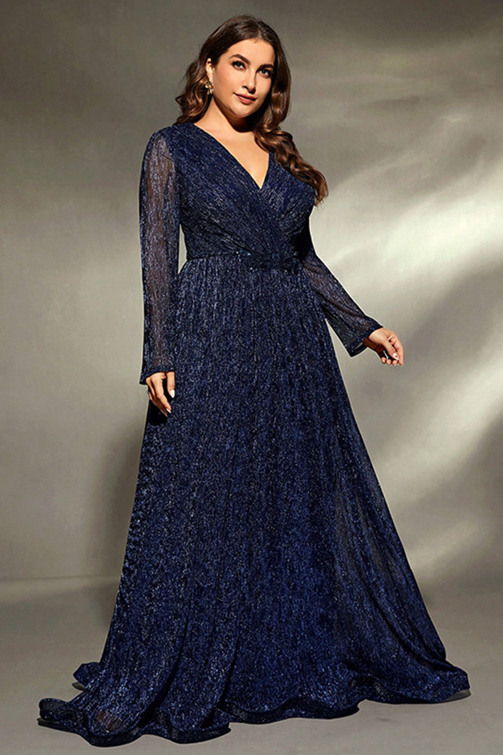 Navy Long Sleeves V Neck A Line Plus Size Wedding Guest Dress
