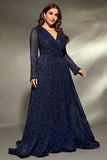 Navy Long Sleeves V Neck A Line Plus Size Wedding Guest Dress