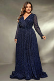 Navy Long Sleeves V Neck A Line Plus Size Wedding Guest Dress