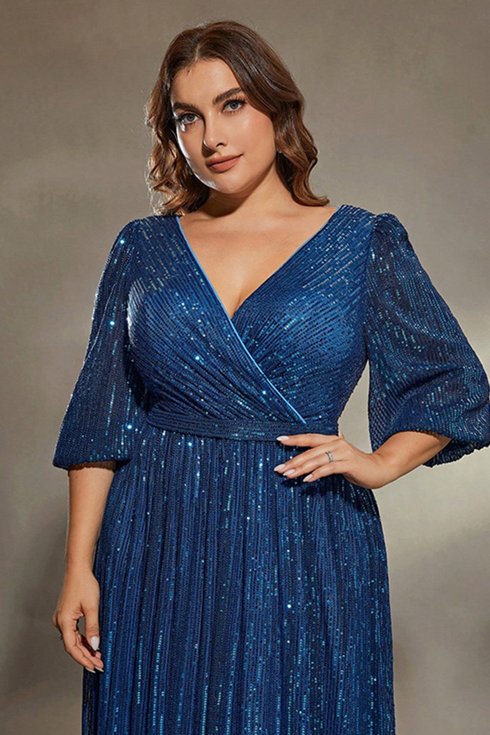 Sparkly Ink Blue Sequins A Line Long Plus Size Wedding Guest Dress