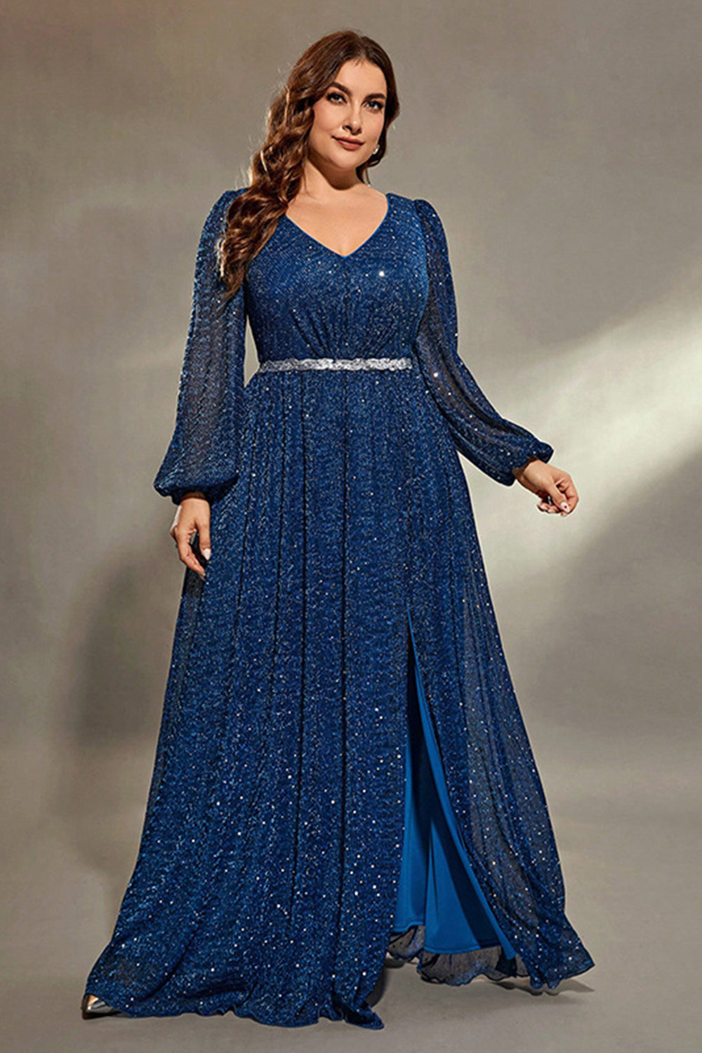 Royal Blue Glitter V Neck Plus Size Mother Dress with Slit