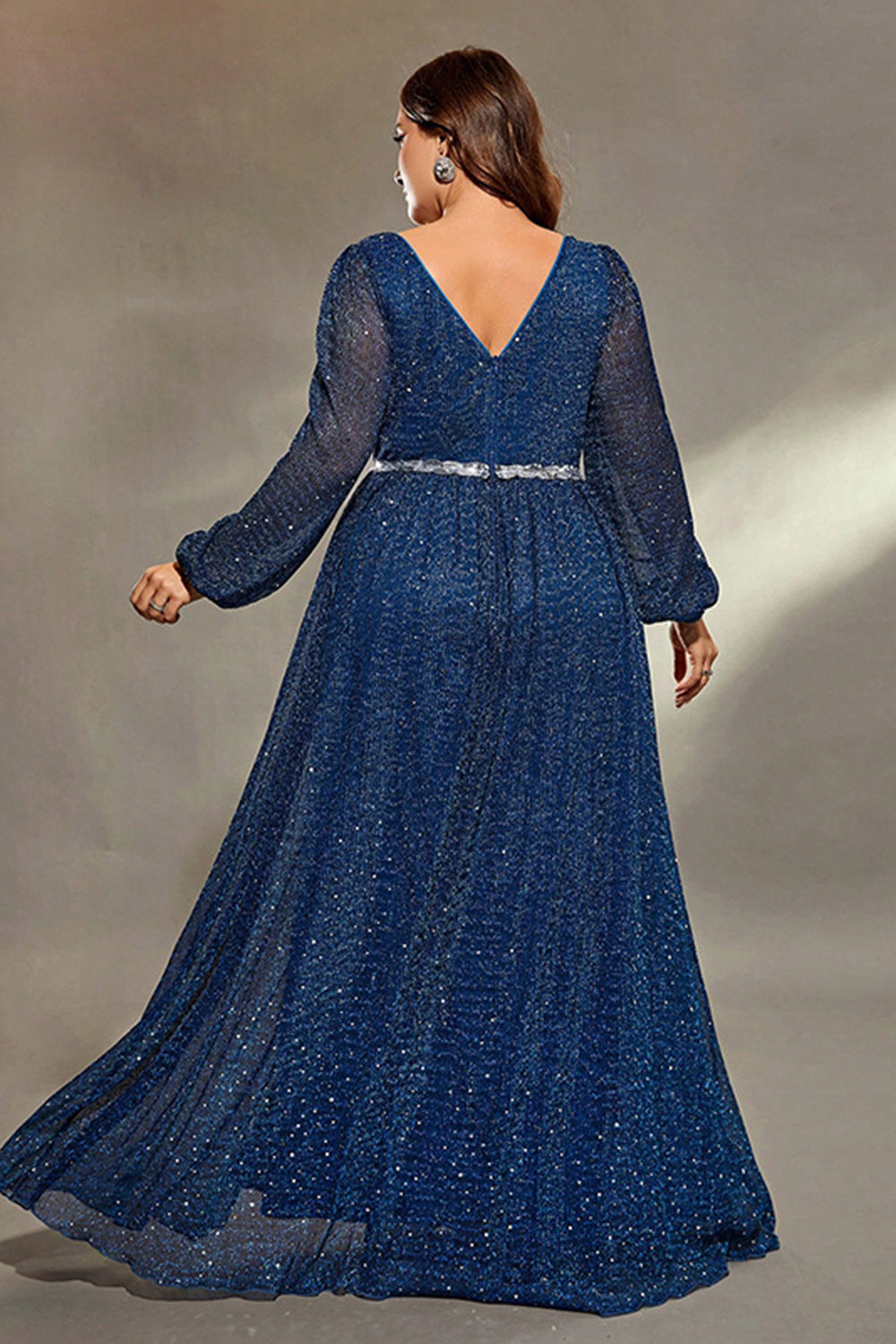 Royal Blue Glitter V Neck Plus Size Mother Dress with Slit
