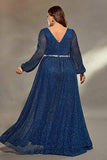 Royal Blue Glitter V Neck Plus Size Mother Dress with Slit