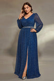 Royal Blue Glitter V Neck Plus Size Mother Dress with Slit