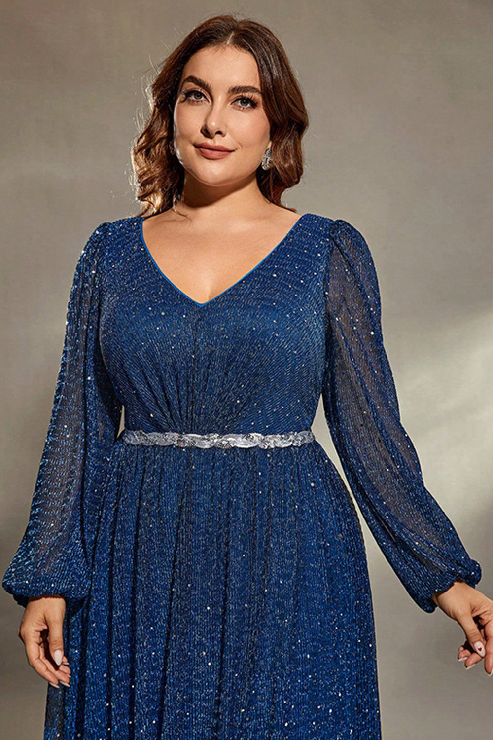 Royal Blue Glitter V Neck Plus Size Mother Dress with Slit