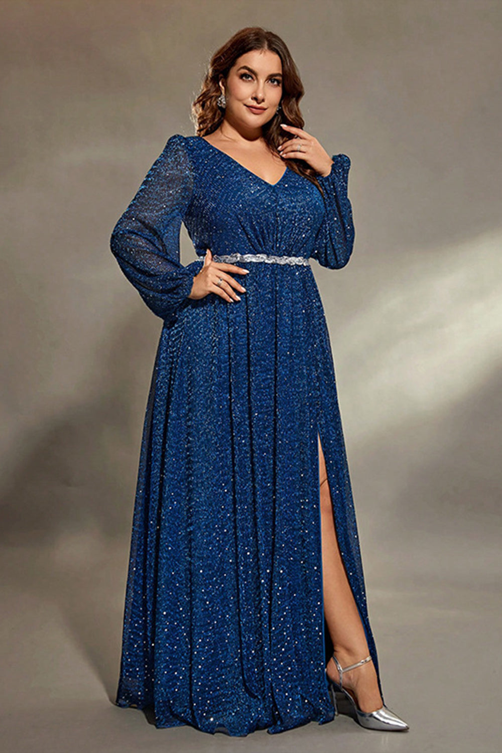 Royal Blue Glitter V Neck Plus Size Mother Dress with Slit