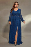 Royal Blue Glitter V Neck Plus Size Mother Dress with Slit