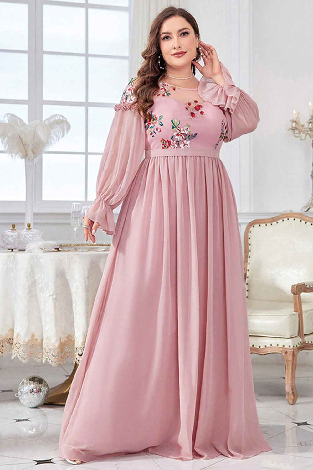 Blush Chiffon A Line Plus Size Mother of Bride Dress with Embroidery