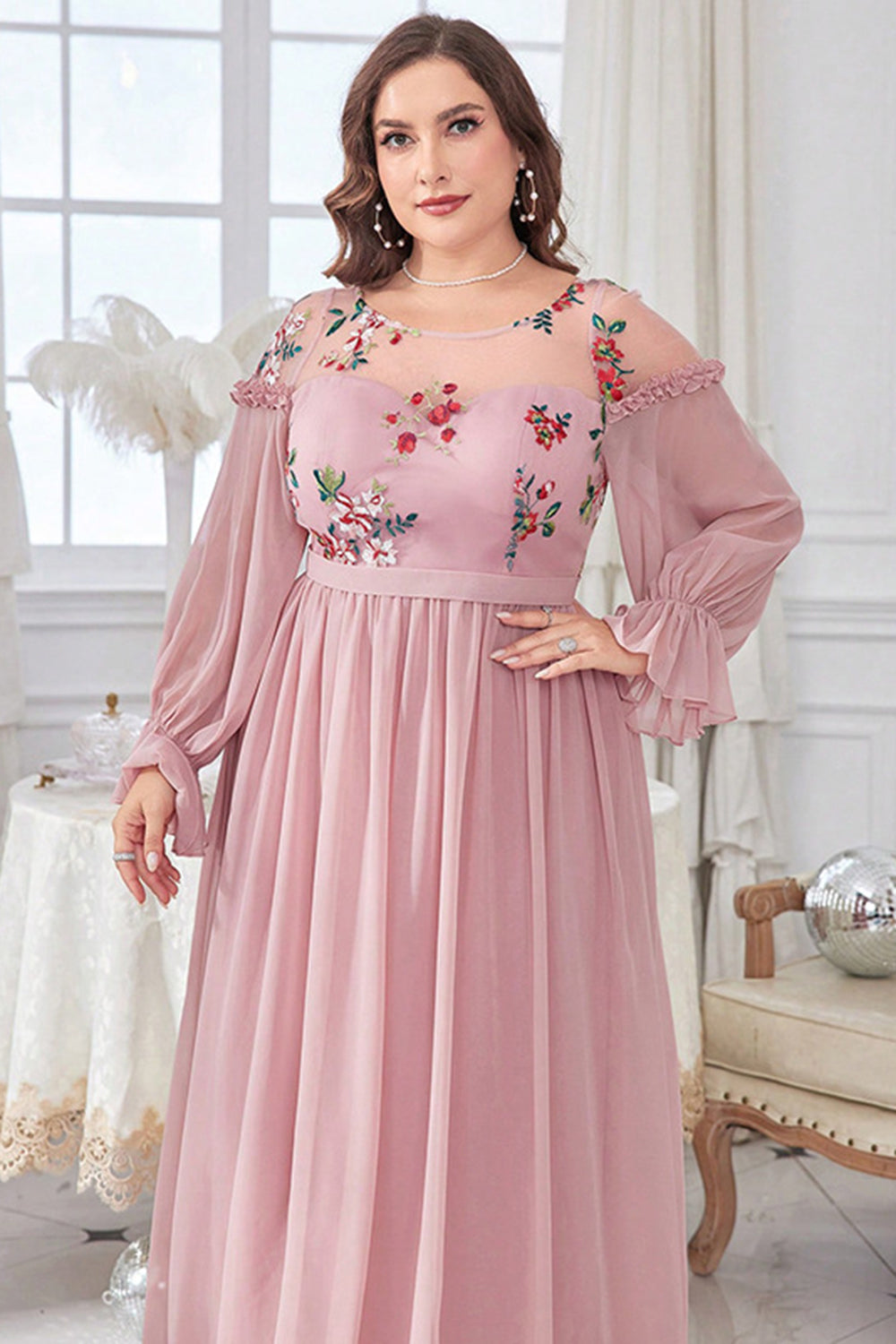 Blush Chiffon A Line Plus Size Mother of Bride Dress with Embroidery