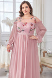 Blush Chiffon A Line Plus Size Mother of Bride Dress with Embroidery