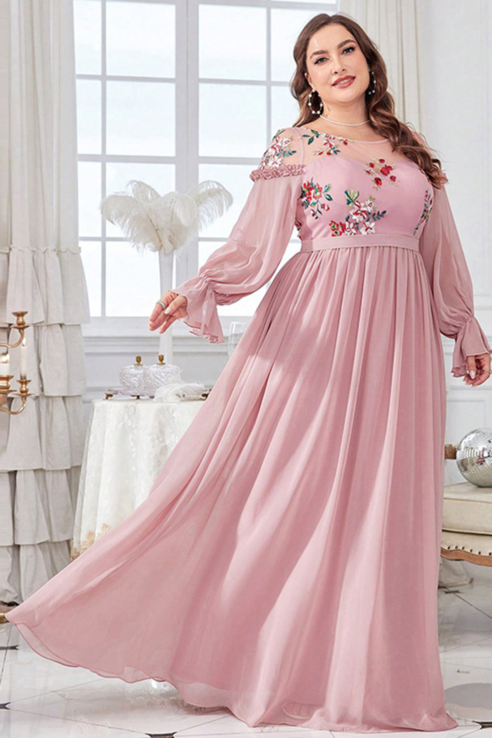 Blush Chiffon A Line Plus Size Mother of Bride Dress with Embroidery