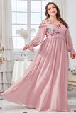 Blush Chiffon A Line Plus Size Mother of Bride Dress with Embroidery