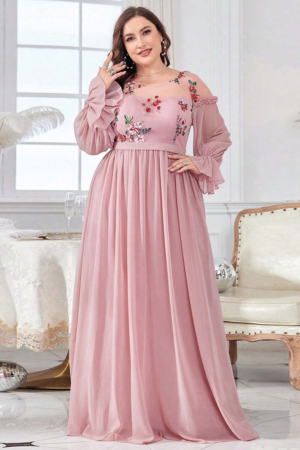 Blush Chiffon A Line Plus Size Mother of Bride Dress with Embroidery