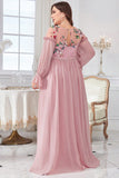 Blush Chiffon A Line Plus Size Mother of Bride Dress with Embroidery